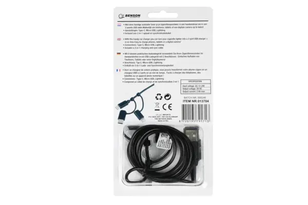 Chargeur de voiture 2,4a Câble USB 3-en-1 1,5 m 12-24V - Image 2